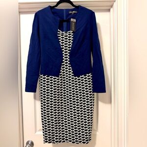 NWT Elegant Blue Dress with Black and White Pattern